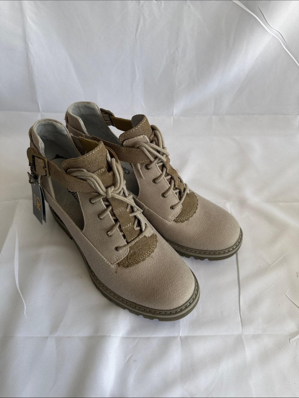 Caterpillar Taupe Lace-Up Cutout Ankle Boots with Buckle Strap